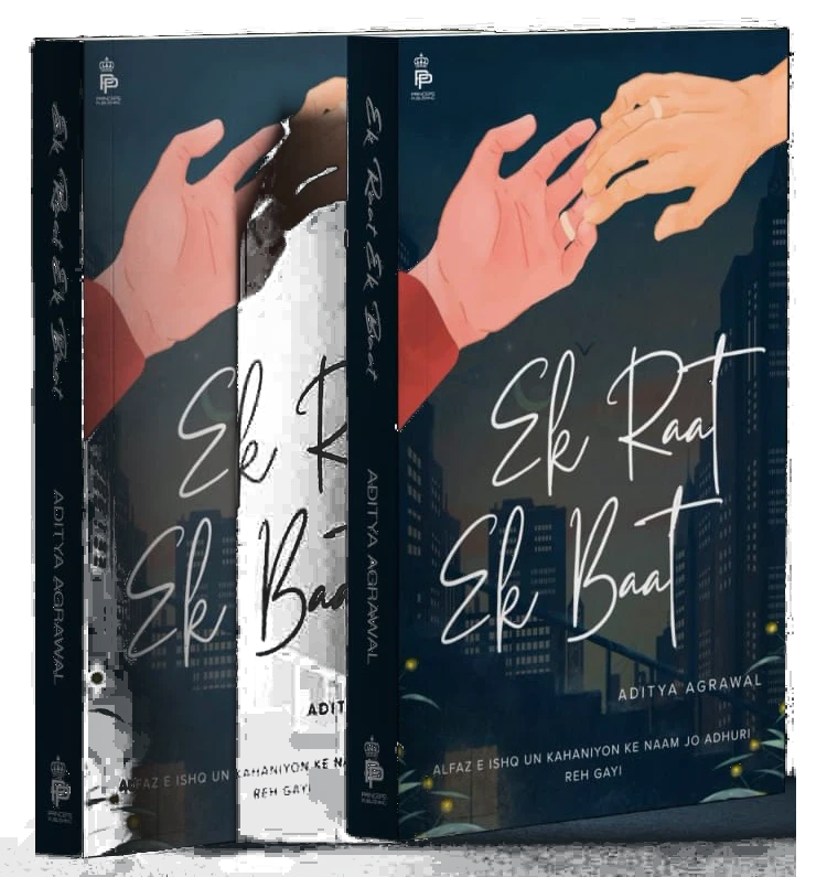 Two paperback copies of Ek Raat Ek Baat by Aditya Agrawal. The cover shows two hands reaching for each other above a night city.